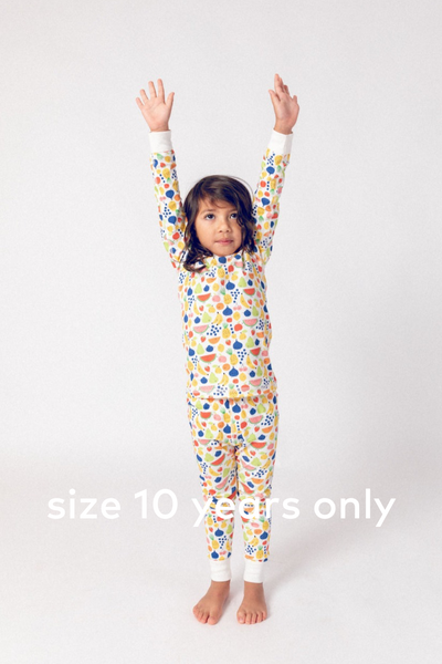 100% organic pima cotton children's pajamas in a colorful fruit print.