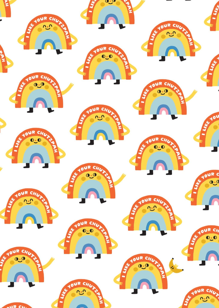 Pattern of colorful rainbows and cartoon characters with text on a white background