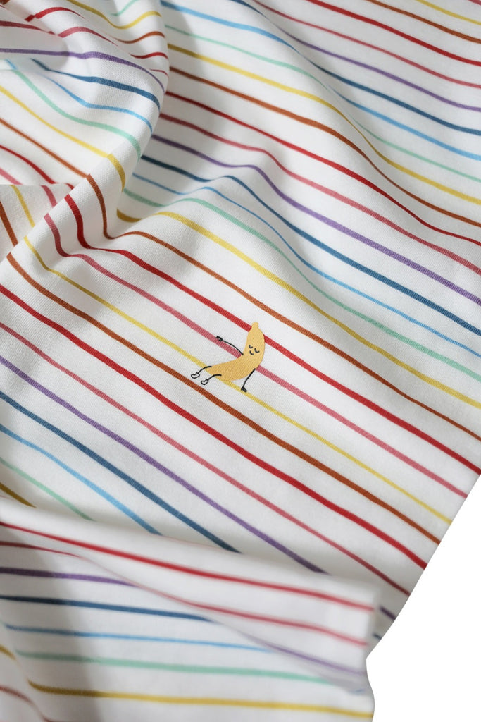 rainbow striped pima cotton pajamas close up showing the little banana